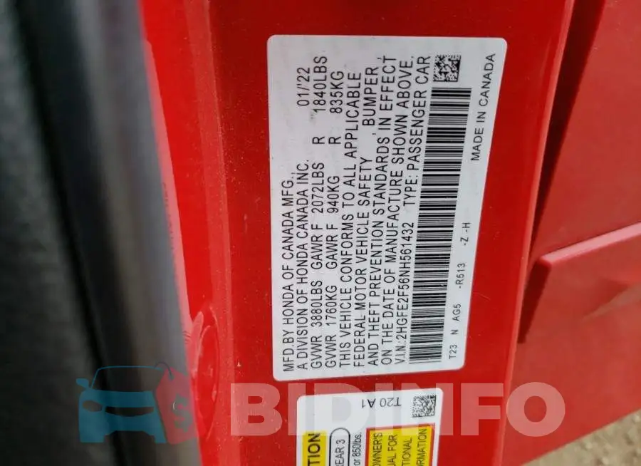 2HGFE2F56NH561432 Photo# 12