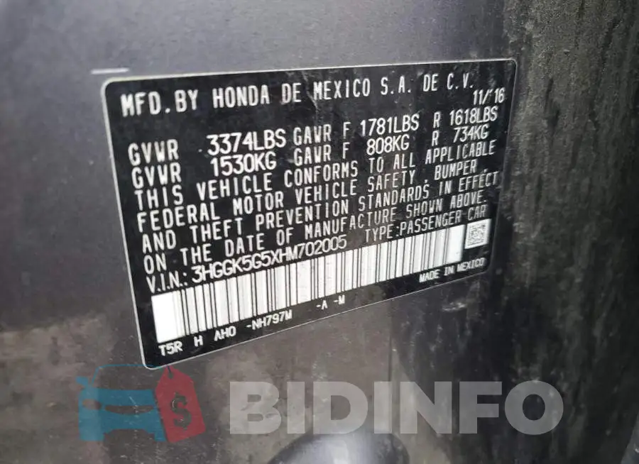 3HGGK5G5XHM702005 Photo# 12