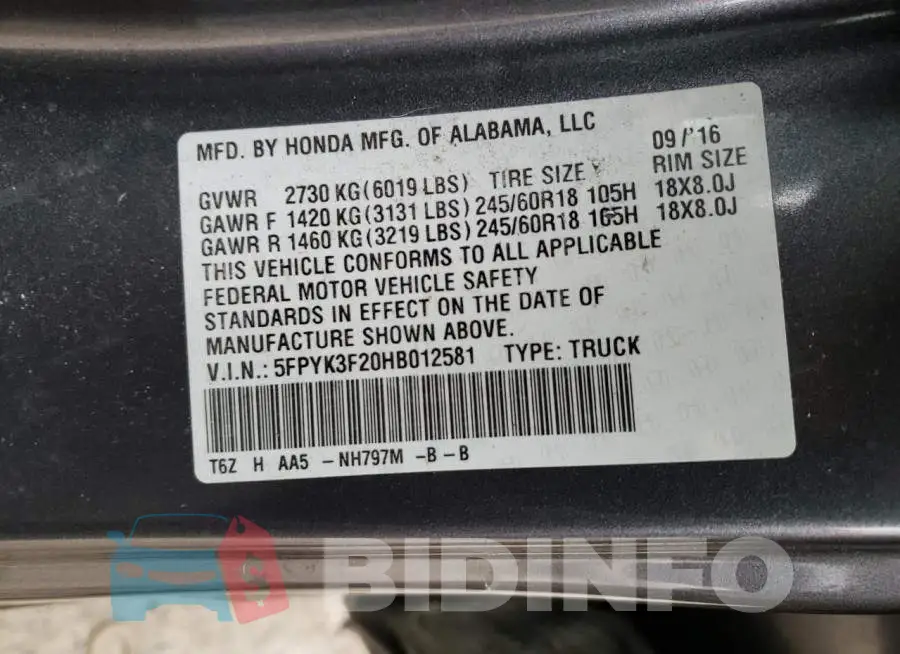 5FPYK3F20HB012581 Photo# 12
