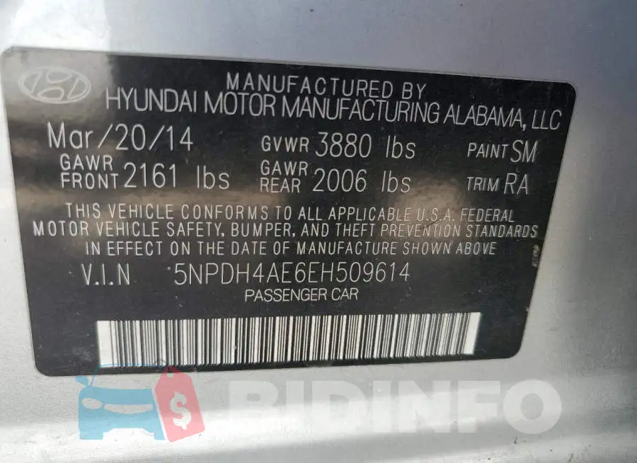 5NPDH4AE6EH509614 Photo# 12