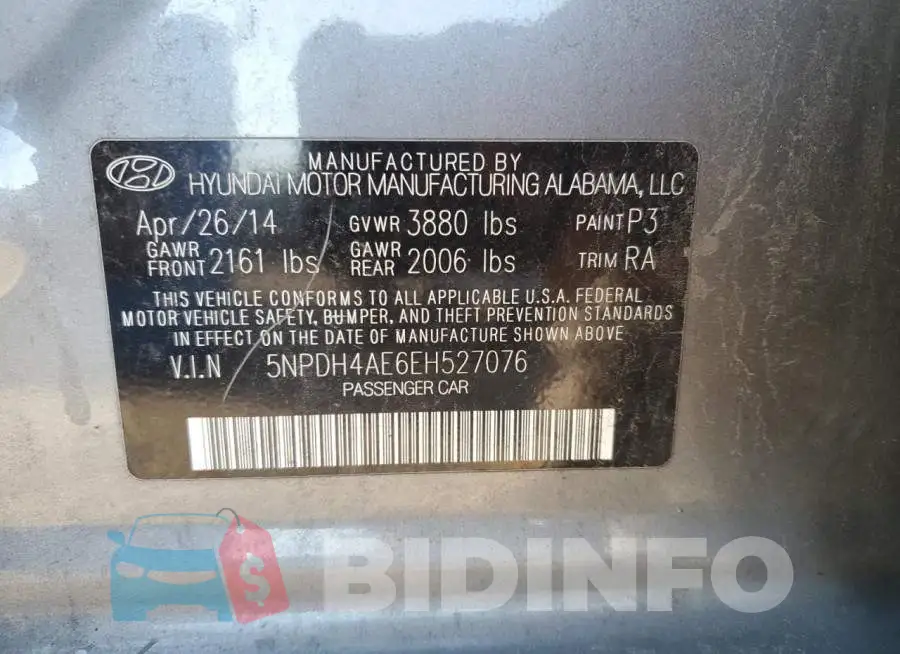 5NPDH4AE6EH527076 Photo# 12