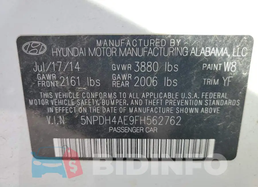 5NPDH4AE9FH562762 Photo# 13