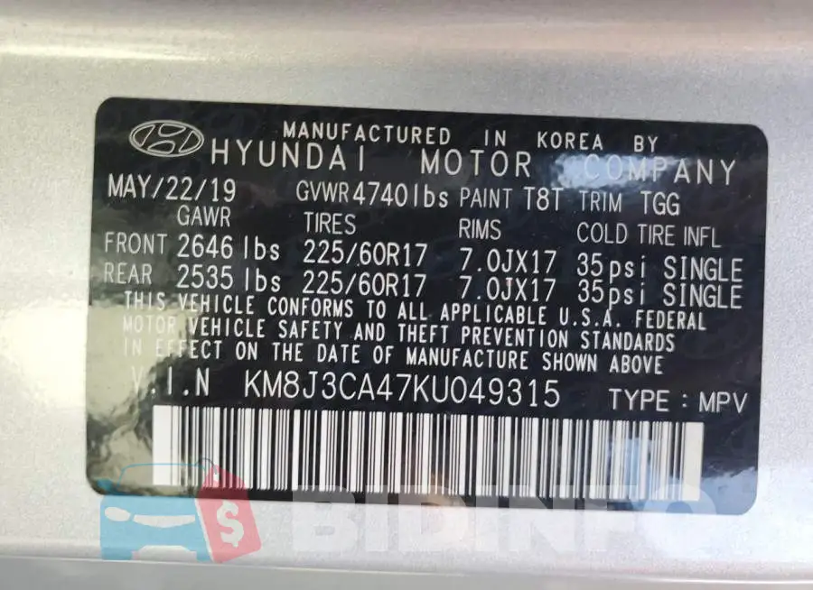 KM8J3CA47KU049315 Photo# 13