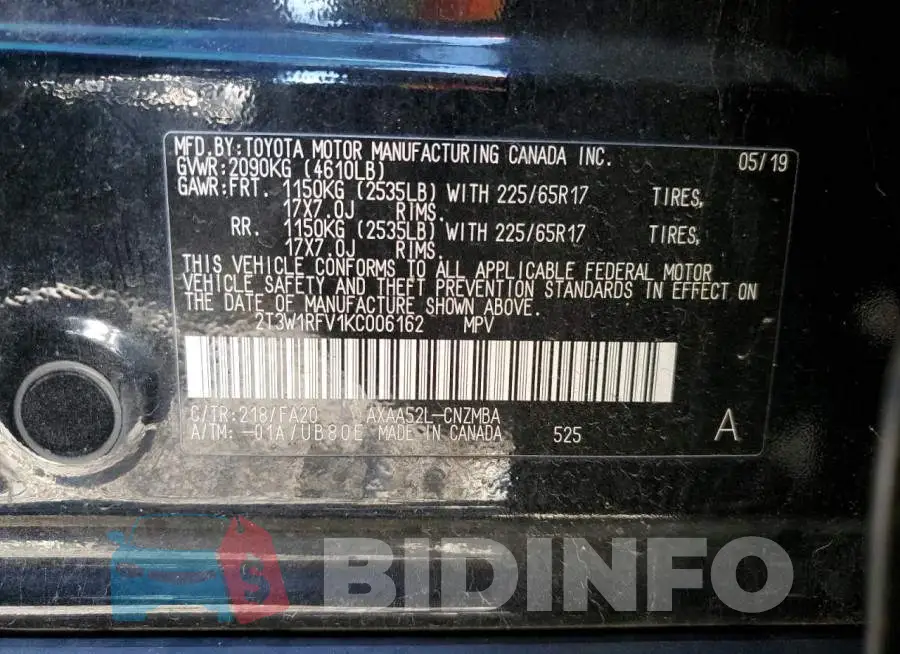 2T3W1RFV1KC006162 Photo# 13