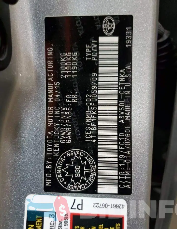 4T1BF1FK5FU059709 Photo# 12