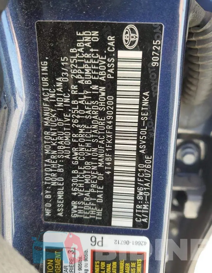4T4BF1FKXFR490200 Photo# 13