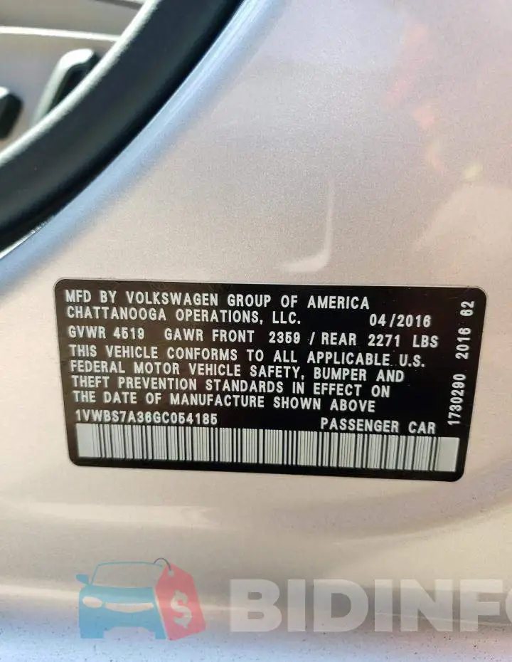1VWBS7A36GC054185 Photo# 13