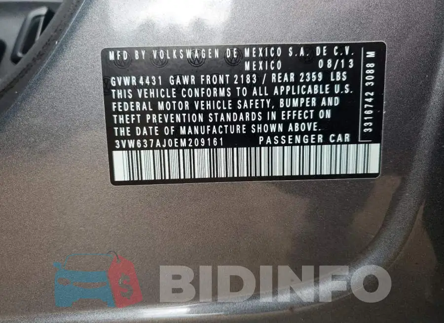 3VW637AJ0EM209161 Photo# 12
