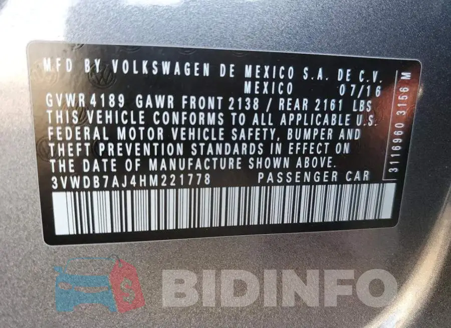 3VWDB7AJ4HM221778 Photo# 12