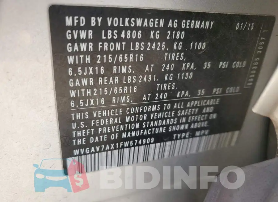 WVGAV7AX1FW574909 Photo# 13