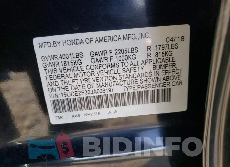 19UDE2F30JA006197 Photo# 12