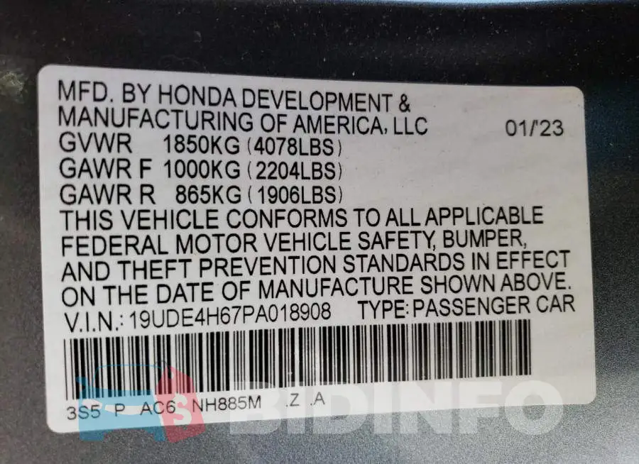 19UDE4H67PA018908 Photo# 12