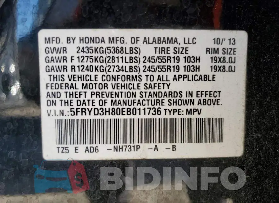 5FRYD3H80EB011736 Photo# 14