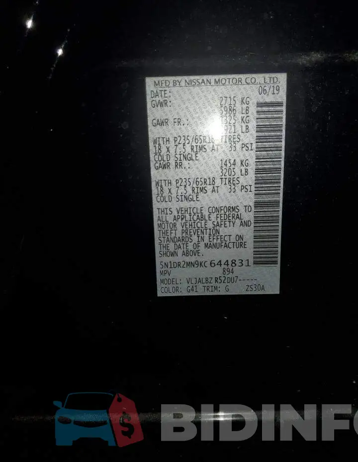 5N1DR2MN9KC644831 Photo# 12