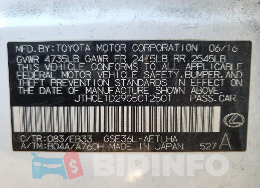 JTHCE1D29G5012501 Photo# 12