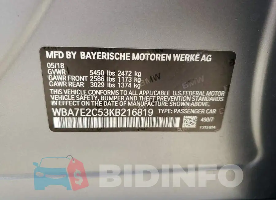 WBA7E2C53KB216819 Photo# 12