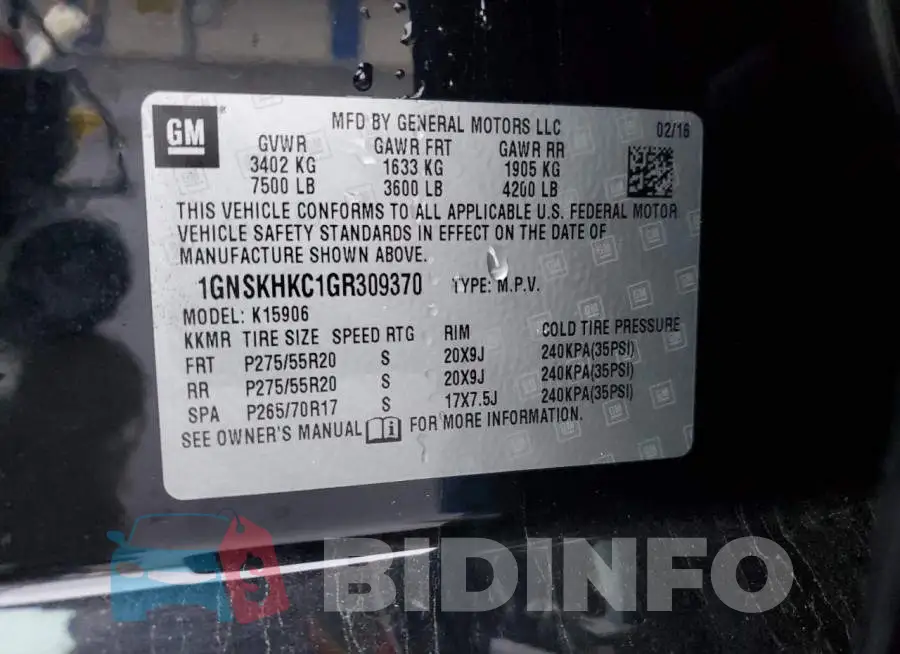 1GNSKHKC1GR309370 Photo# 13