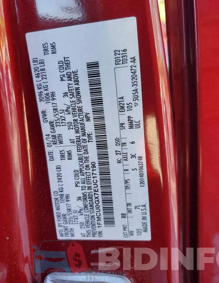 1FMCU0GX7EUC17190 Photo# 13