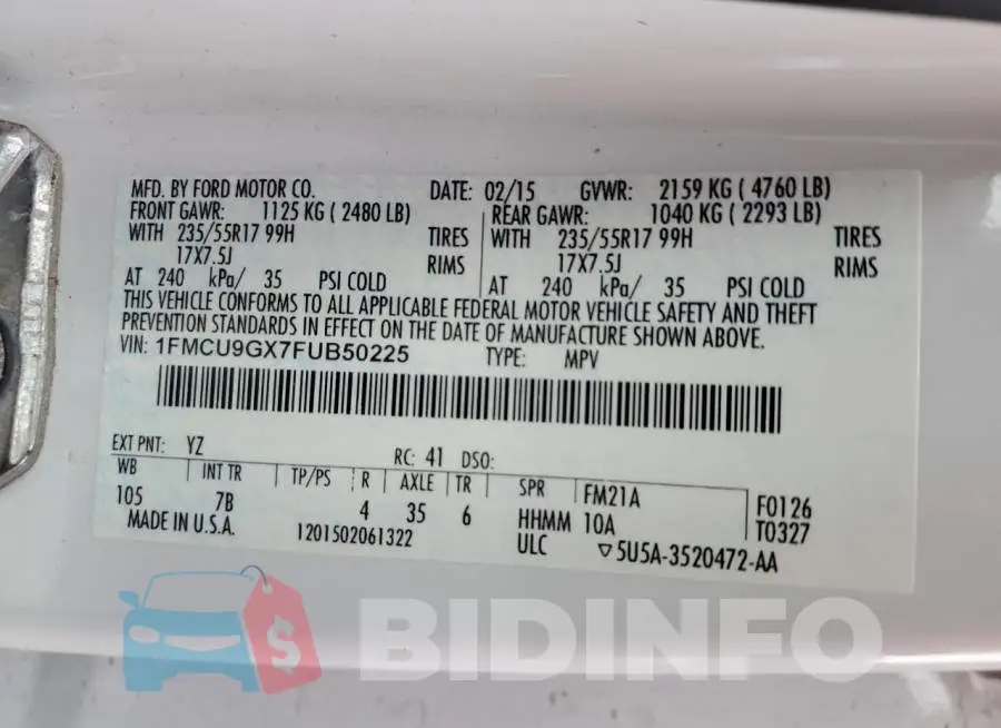 1FMCU9GX7FUB50225 Photo# 12