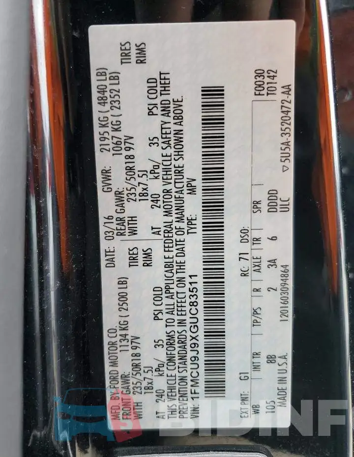 1FMCU9J9XGUC83511 Photo# 14