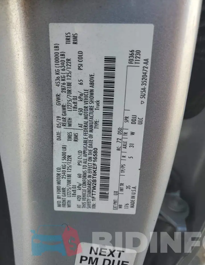 1FT7W2BT6KEF16580 Photo# 12