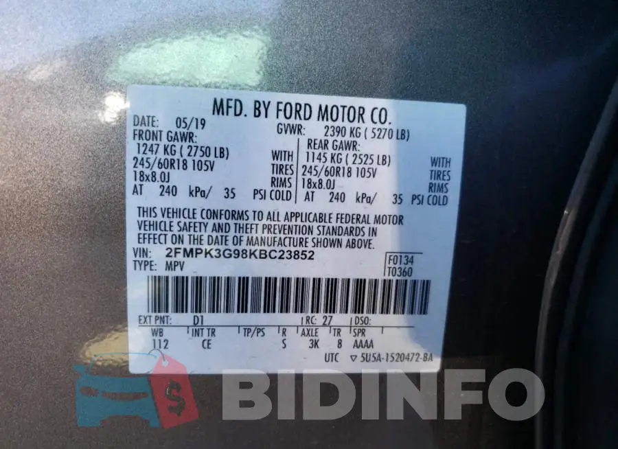 2FMPK3G98KBC23852 Photo# 12
