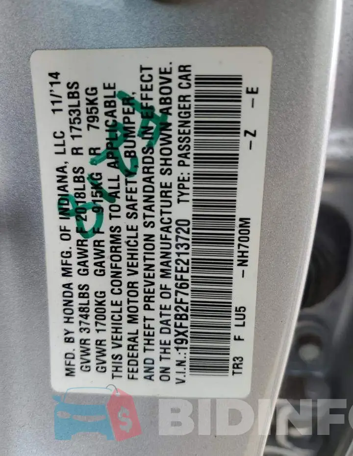 19XFB2F76FE213720 Photo# 13