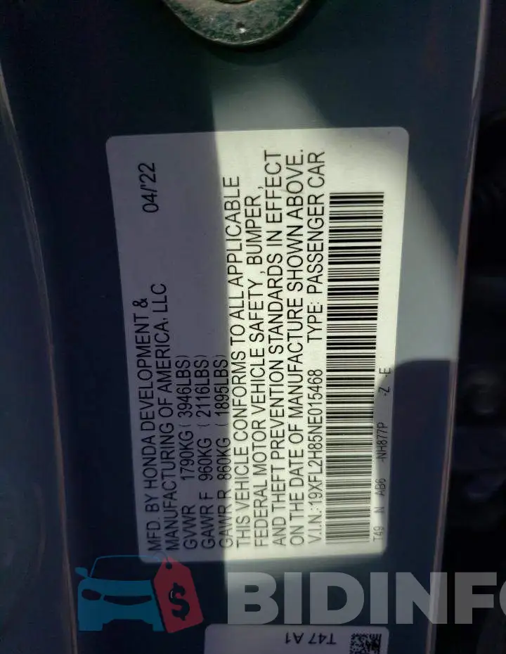 19XFL2H85NE015468 Photo# 12