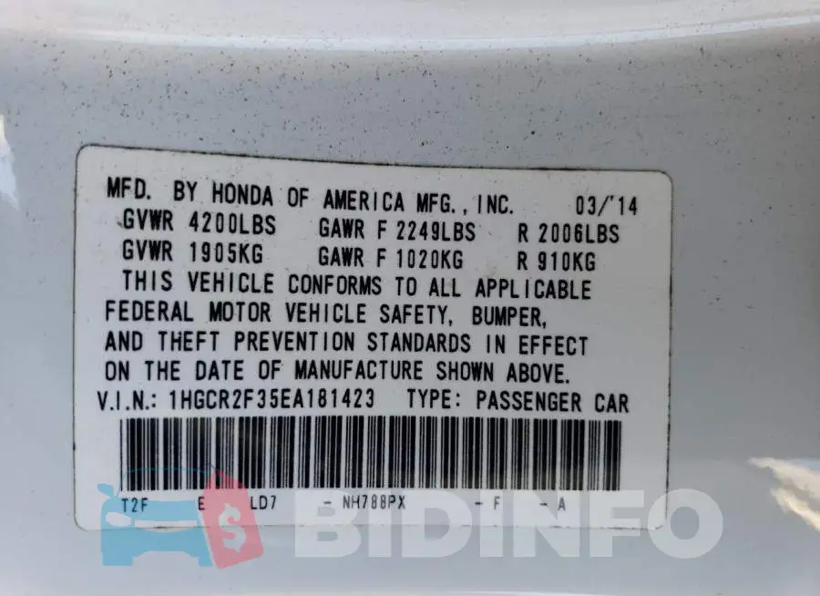 1HGCR2F35EA181423 Photo# 12