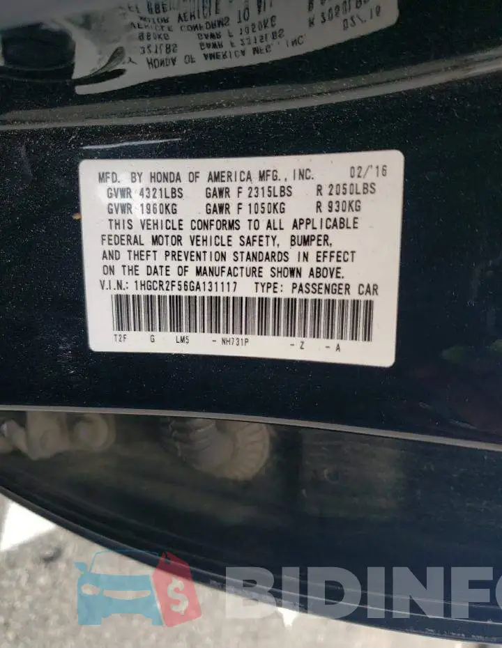 1HGCR2F56GA131117 Photo# 13