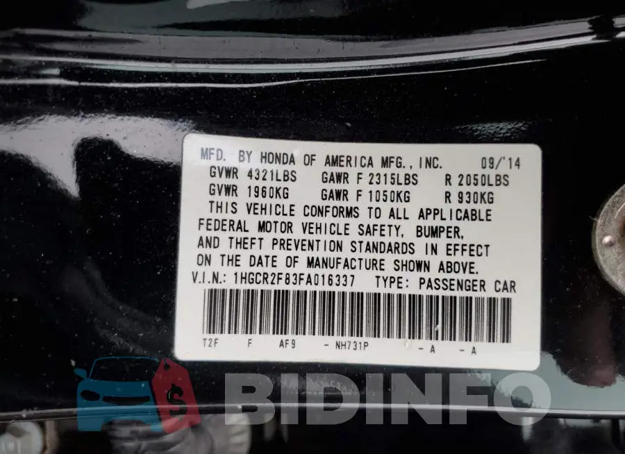 1HGCR2F83FA016337 Photo# 13