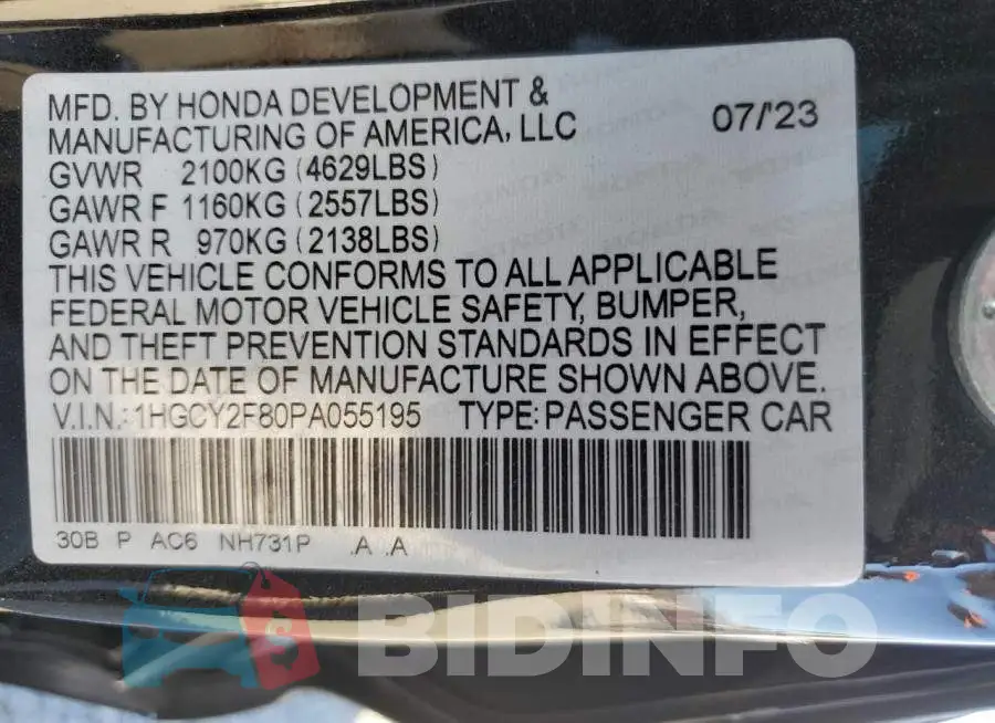 1HGCY2F80PA055195 Photo# 13