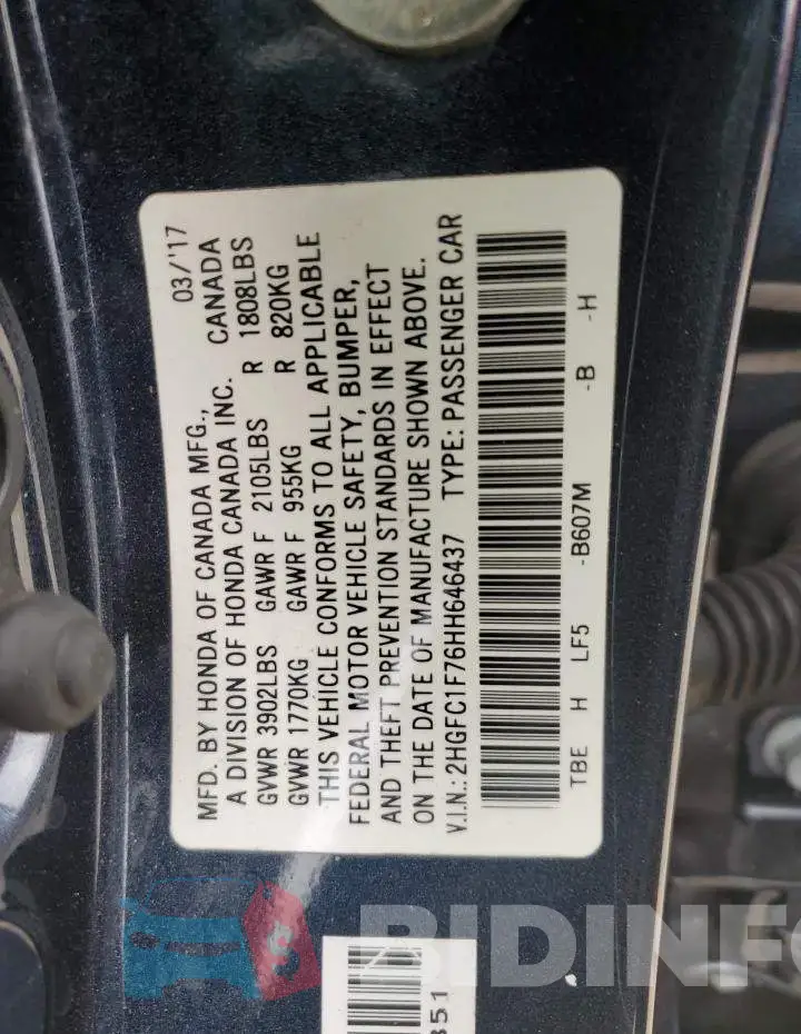 2HGFC1F76HH646437 Photo# 12