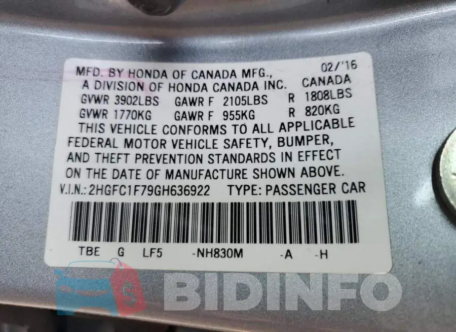2HGFC1F79GH636922 Photo# 13