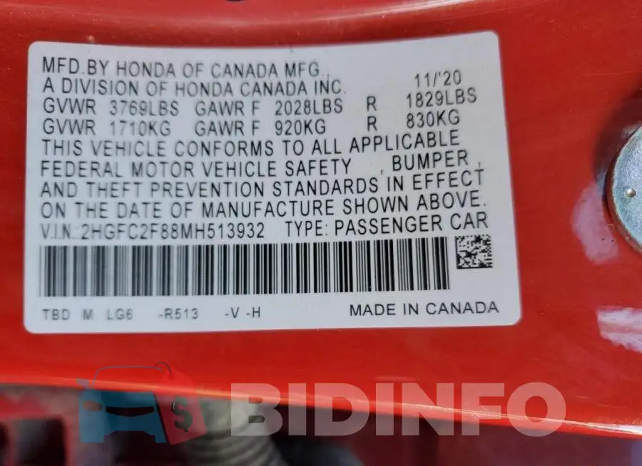 2HGFC2F88MH513932 Photo# 12