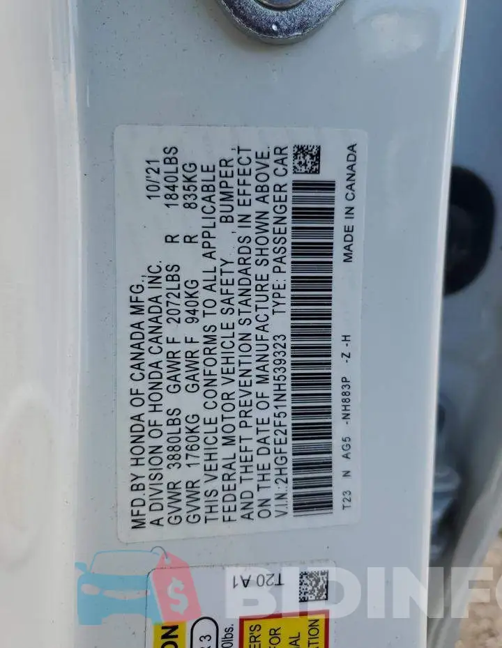 2HGFE2F51NH539323 Photo# 12