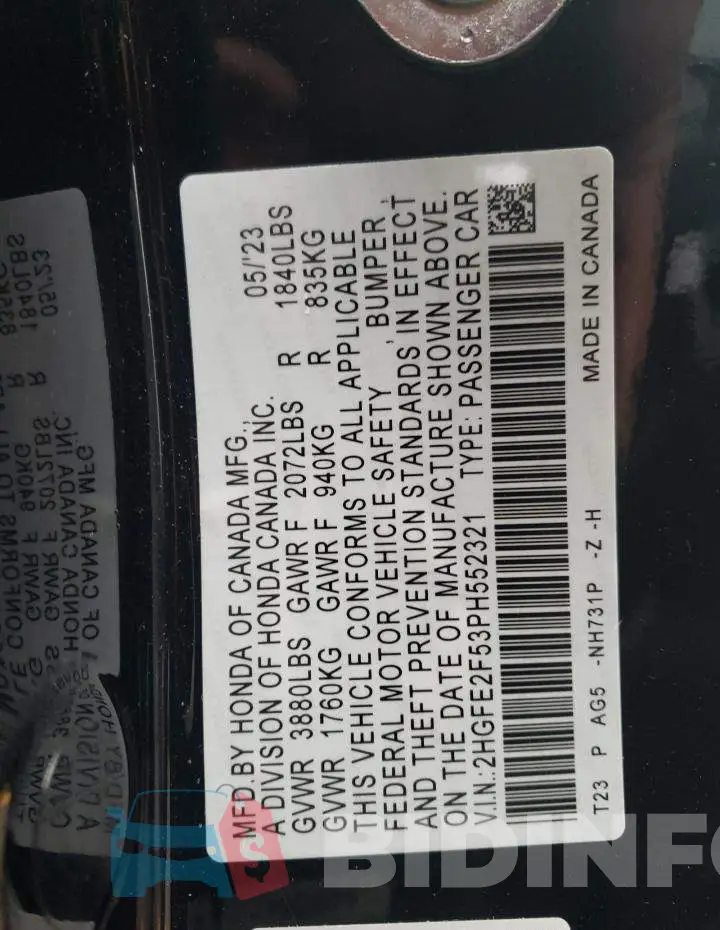 2HGFE2F53PH552321 Photo# 12