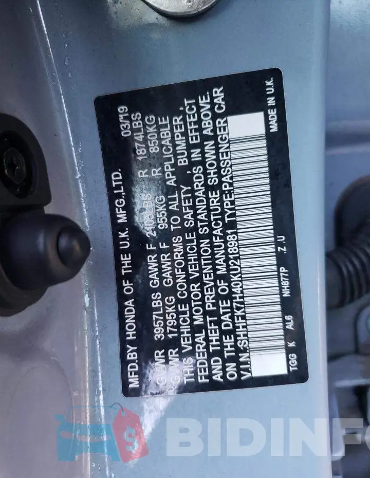 SHHFK7H40KU218981 Photo# 12