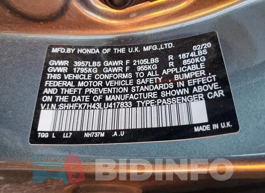SHHFK7H43LU417833 Photo# 12