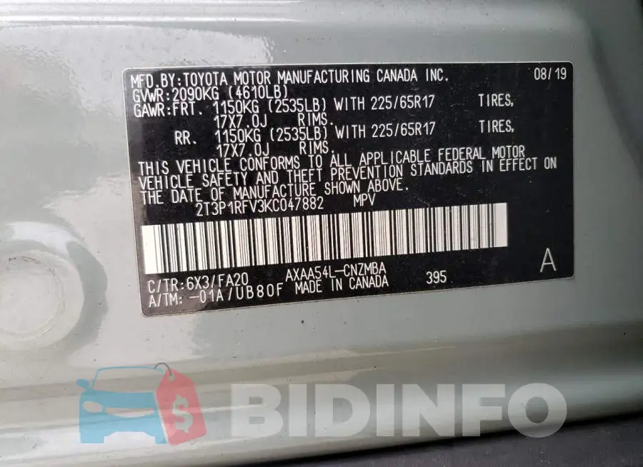 2T3P1RFV3KC047882 Photo# 12