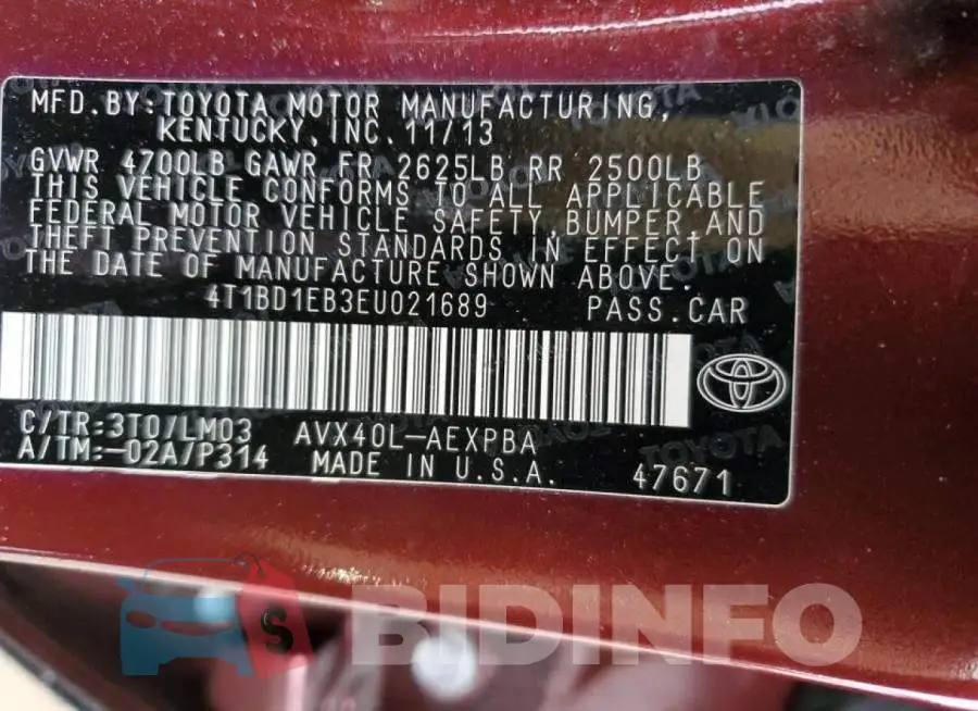 4T1BD1EB3EU021689 Photo# 13