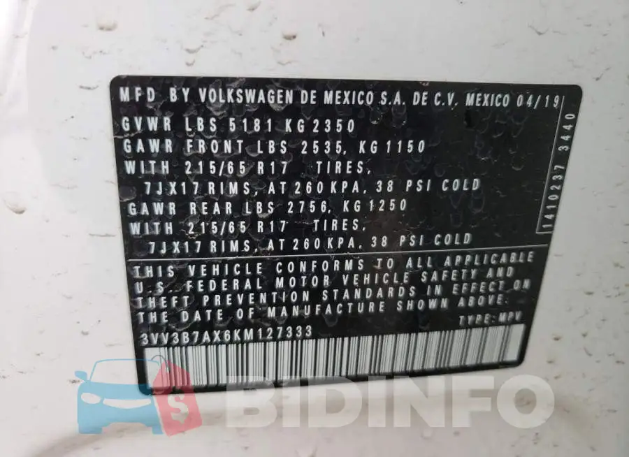 3VV3B7AX6KM127333 Photo# 13