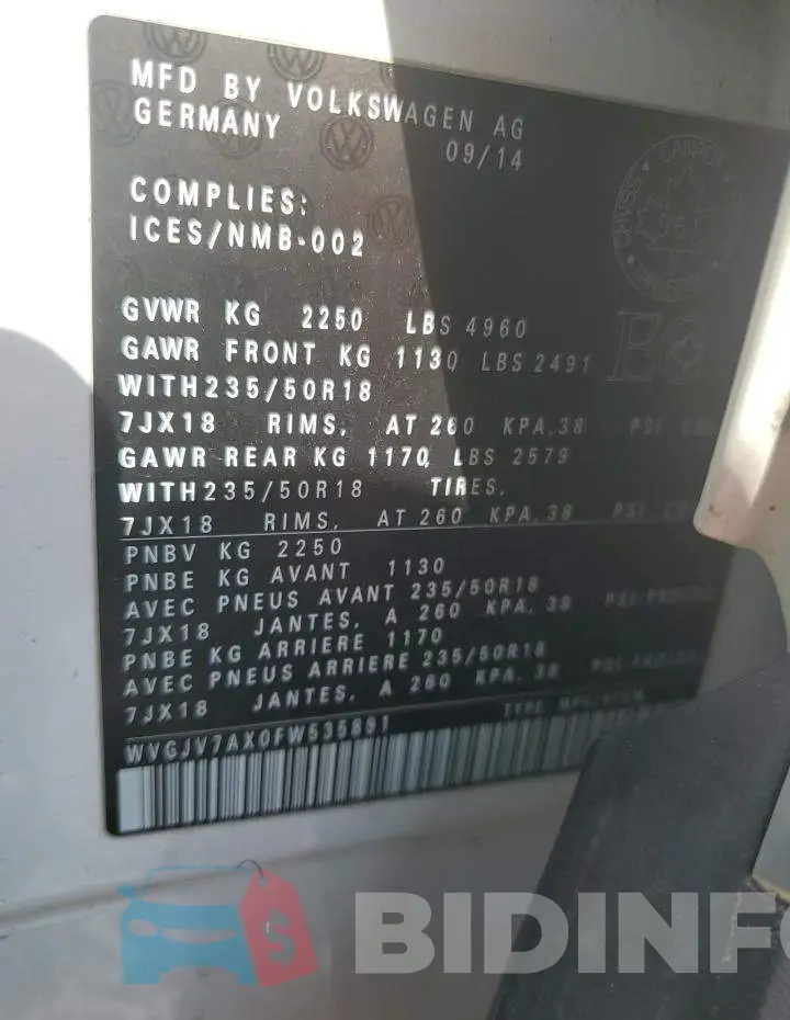 WVGJV7AX0FW535891 Photo# 14