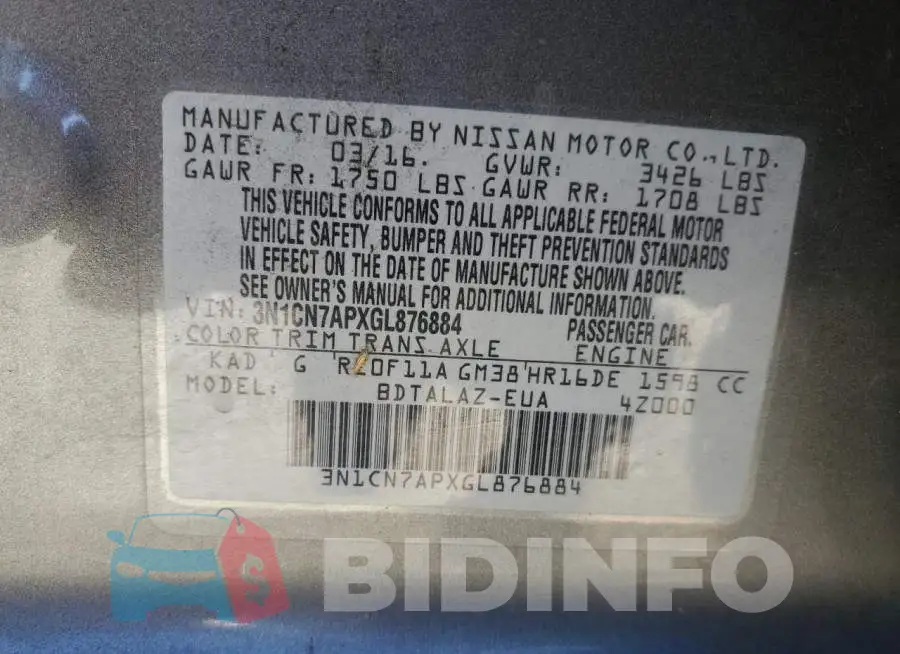 3N1CN7APXGL876884 Photo# 12