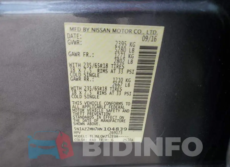 5N1AZ2MH7HN104839 Photo# 13