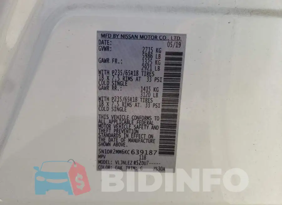 5N1DR2MM6KC639187 Photo# 13