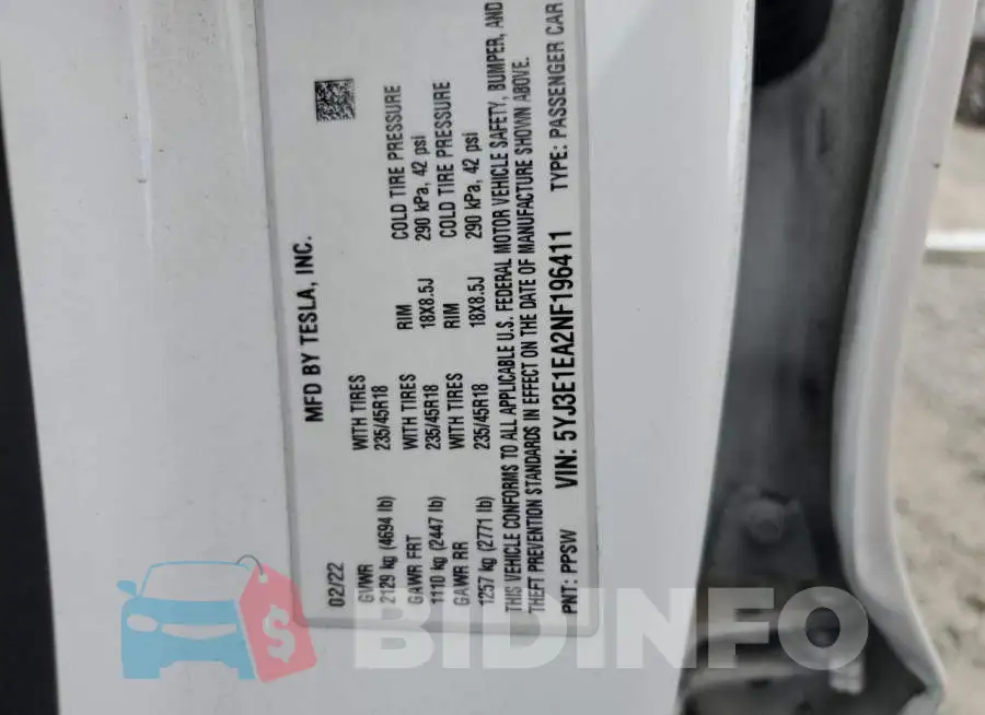5YJ3E1EA2NF196411 Photo# 13