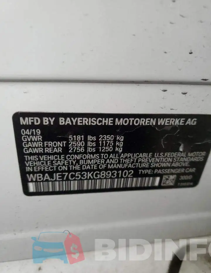 WBAJE7C53KG893102 Photo# 12