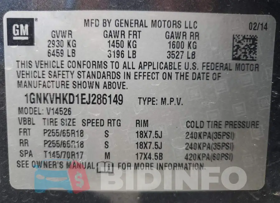 1GNKVHKD1EJ286149 Photo# 13