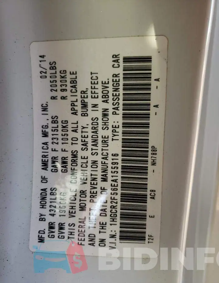 1HGCR2F56EA155916 Photo# 12